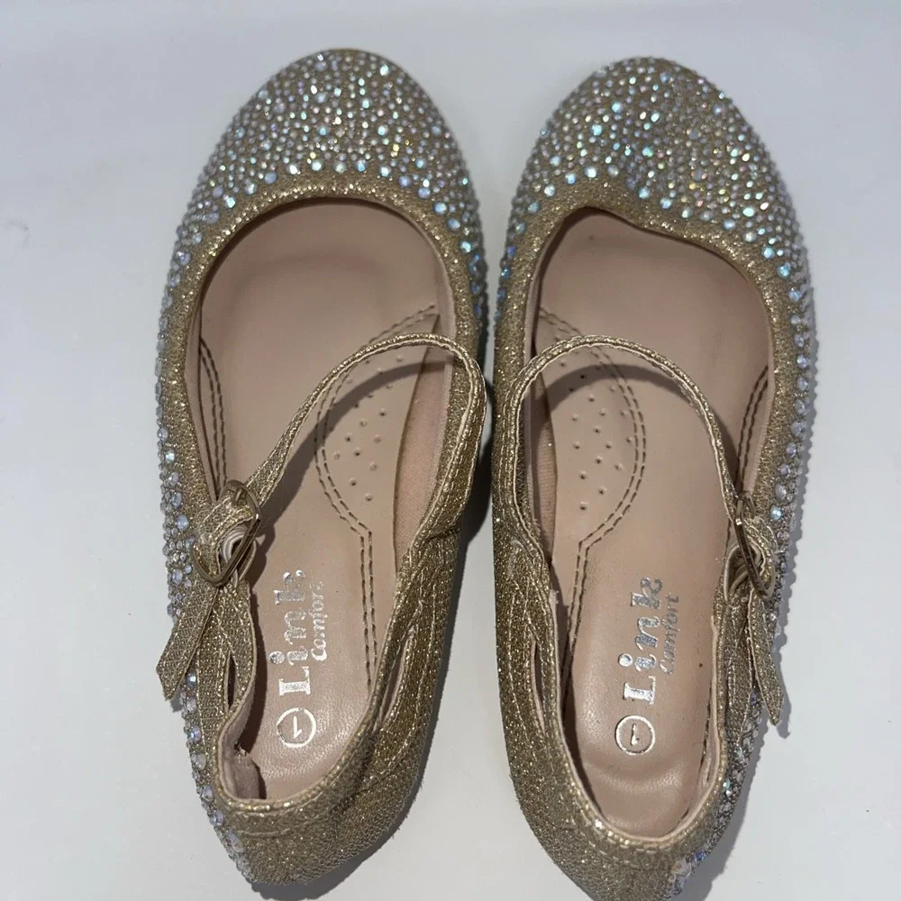 Girls Size 1 Gold Rhinestone‎ Encrusted Glittery Mary Jane Flat Dress Shoes